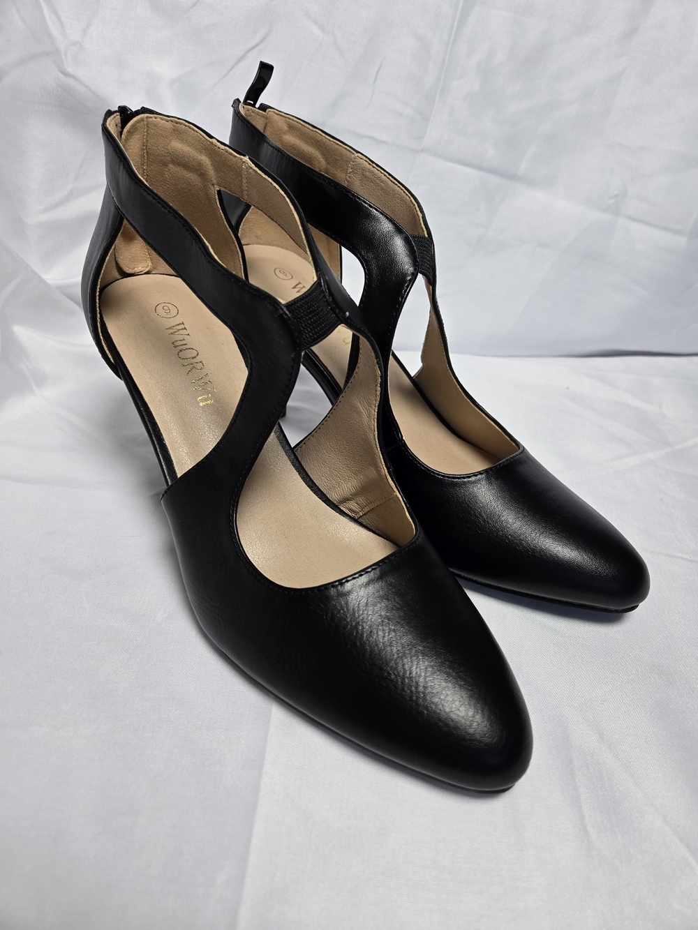 Women's Black Cutout Pointed-Toe Heels with Ankle Strap
